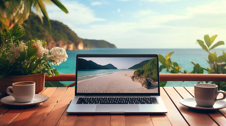 Laptop computer on wooden table with sea and sky background. Freelance concept.の素材