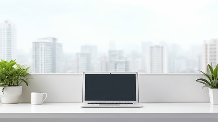 Laptop on table in modern office with city view.の素材