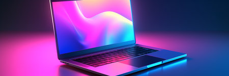 Laptop computer with abstract colorful backgroundの素材