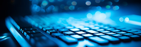 Close-up of a backlit laptop keyboardの素材