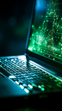 Close up of a laptop with green circuit on the screen. Technology conceptの素材