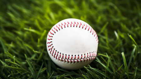 Baseball ball on the green grass. Close-up image.の素材