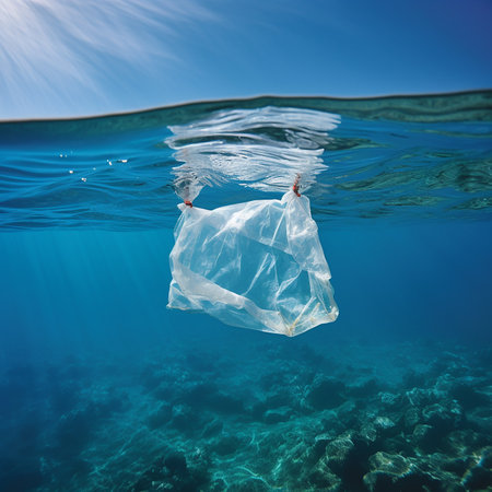 Plastic bag floating on the surface of the ocean. Pollution conceptの素材