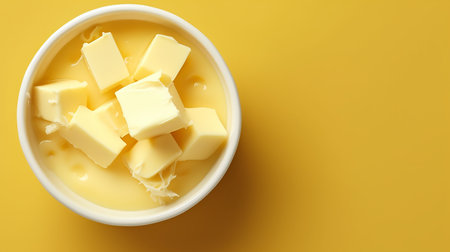 Bowl with melted butter on simple background, top view. Dairy productsの素材