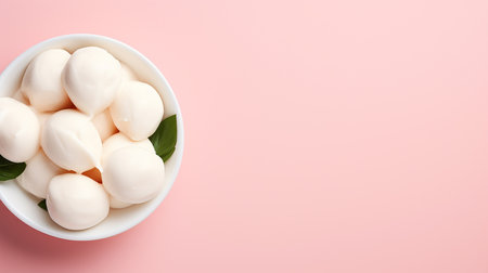 Mozzarella cheese balls in bowl on plain background, top viewの素材