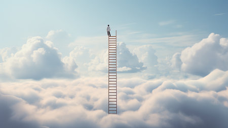 Conceptual image of ladder going up over cloudsの素材