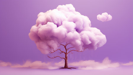 Conceptual image of a lonely tree with crone made of clouds against blue backgroundの素材