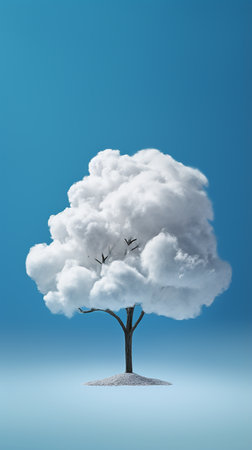 Conceptual image of a lonely tree with crone made of clouds against blue backgroundの素材