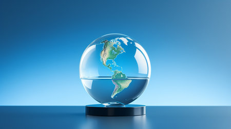 Glass globe with map of the world on blue backgroundの素材