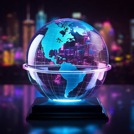 Globe with map of the world on the background of the night cityの素材