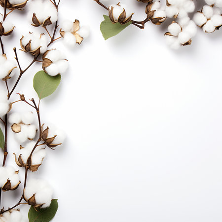 Flowers composition. Frame made of cotton flowers and green leaves on white background. Flat lay, top view, copy spaceの素材