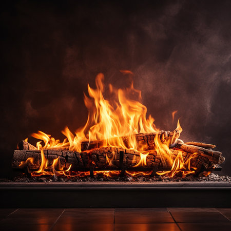 Burning firewood in a fireplace on a dark background with smokeの素材
