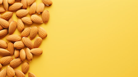 Almond nuts on yellow background. Top view with copy spaceの素材