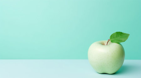 Green apple on turquoise background with copy space. Healthy food and diet concept.の素材