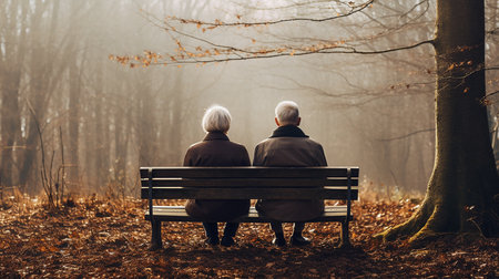 Senior couple sitting together in autumn forest, back view.の素材
