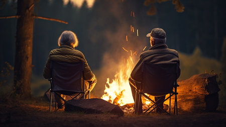 Senior couple sitting together in autumn forest, back view.の素材