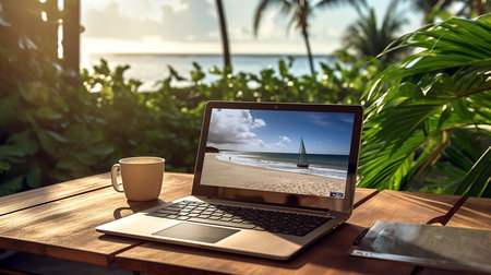 Laptop computer on the table with seascape backgroundの素材