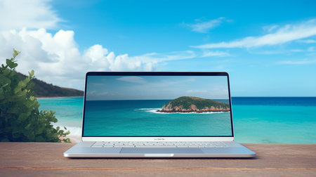 Laptop computer on the table with seascape backgroundの素材