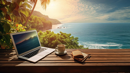 Laptop computer on the table with seascape backgroundの素材
