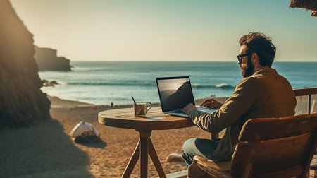 Young man working on his laptop on the beach at sunset. Freelance concept.の素材