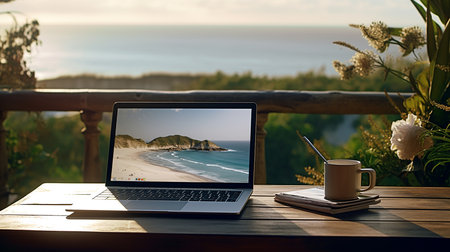 Laptop computer on the table with seascape backgroundの素材