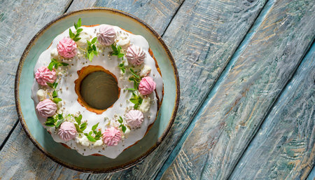 Cake with whipped cream and pink decor on a blue wooden backgroundの素材