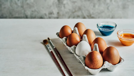 Easter eggs and paint brushes on rustic wooden background with copy spaceの素材