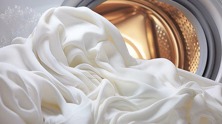 Washing machine with clothes inside, closeup. Laundry conceptの素材