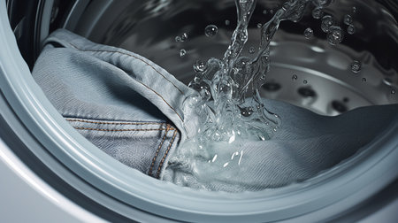 Washing machine with clothes inside, closeup. Laundry conceptの素材