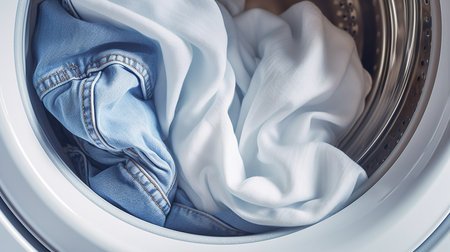 Washing machine with clothes inside, closeup. Laundry conceptの素材