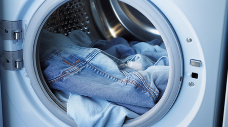 Washing machine with clothes inside, closeup. Laundry conceptの素材
