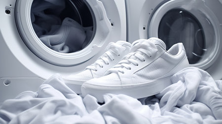 White sneakers in a washing machineの素材