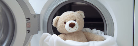 Cute teddy bear sitting in washing machine, close-upの素材