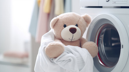 Cute teddy bear sitting in washing machine, close-upの素材
