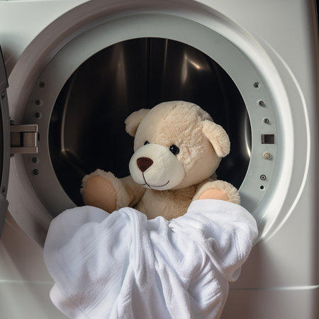 Cute teddy bear sitting in washing machine, close-upの素材