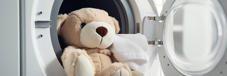 Cute teddy bear sitting in washing machine, close-upの素材