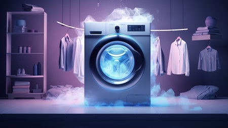 Washing machine in dark room with neon lightの素材