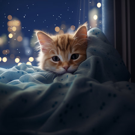 Cute ginger kitten lying in bed and looking at the night cityの素材