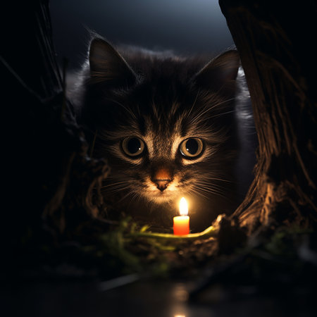 Cute little kitten with burning candle in dark roomの素材