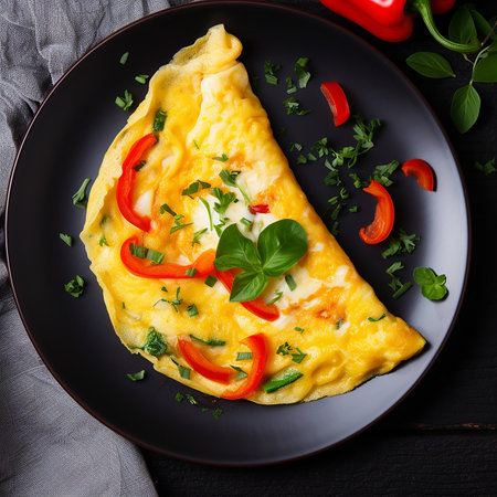 Omelet stuffed with cheese and vegetables on a dark backgroundの素材