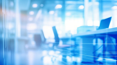 Abstract blue blurred background of modern office interior. Mock up, tonedの素材