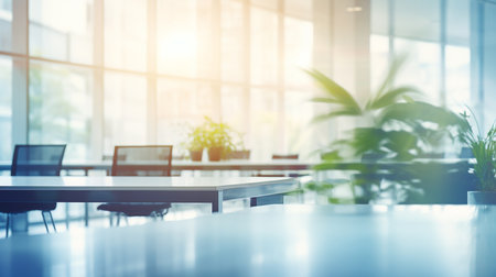 Abstract blue blurred background of modern office interior. Mock up, tonedの素材