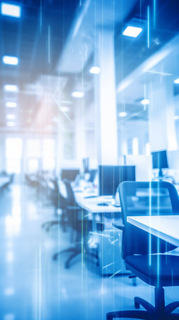 Abstract blue blurred background of modern office interior. Mock up, tonedの素材