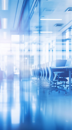 Abstract blue blurred background of modern office interior. Mock up, tonedの素材
