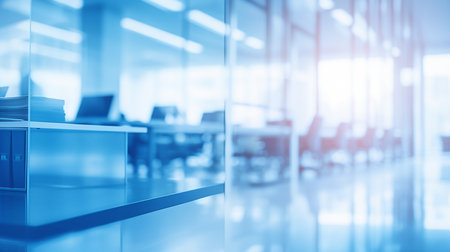 Abstract blue blurred background of modern office interior. Mock up, tonedの素材