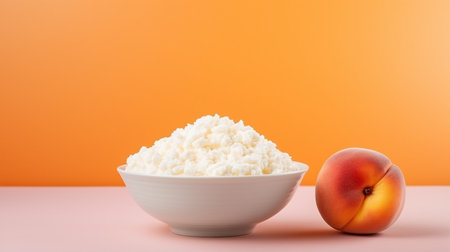 Cottage cheese in a bowl on orange background with peachの素材