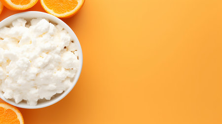 Cottage cheese in a bowl on orange background with oranges. Top view.の素材
