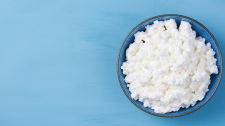Cottage cheese in a blue bowl on a blue background. Top view.の素材
