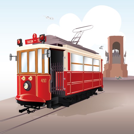 Traditional istanbul tram with The Freedom Monument, Taksim. Vector illustrationのイラスト素材