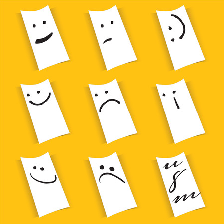 Funny paper notes with smileys isolated on yellow background.のイラスト素材